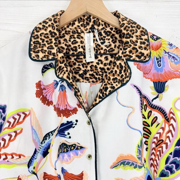 Anthropologie X Sarah Gordon Flannel Pajama Top Size Small Floral Humming Bird - Picture 4 of 16